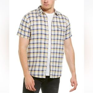 NWT Lucky Brand Plaid Monroe Men’s Short Sleeve Shirt Yellow Blue Linen Blend